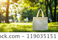 Eco bag mockup on green grass in a park 119035151