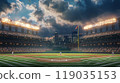 Photorealistic wide shot of an empty baseball stadium at night, with lights on in the stands and a few players playing a game on the baseball field with green grass 119035153