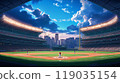 Photorealistic wide shot of an empty baseball stadium at night, with lights on in the stands and a few players playing a game on the baseball field with green grass 119035154
