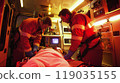Two paramedics performing CPR on a patient inside a moving ambulance, bright interior lights, medical equipment all around 119035155
