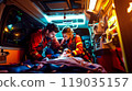 Two paramedics performing CPR on a patient inside a moving ambulance, bright interior lights, medical equipment all around 119035157