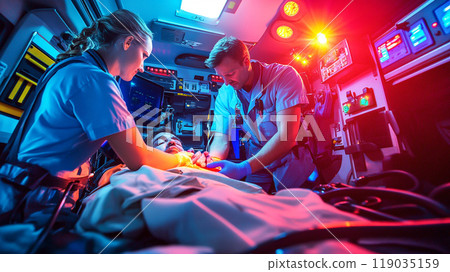 Two paramedics performing CPR on a patient inside a moving ambulance, bright interior lights, medical equipment all around 119035159