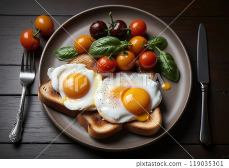 plate of grilled toast and a poached egg with dripping yolk, basil, cherry tomatoes 119035301