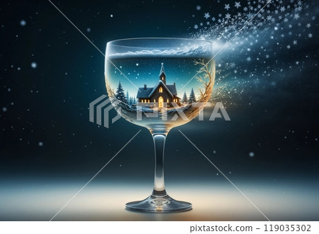 New Year card, close up of champagne glasses with Merry Christmas inside 119035302