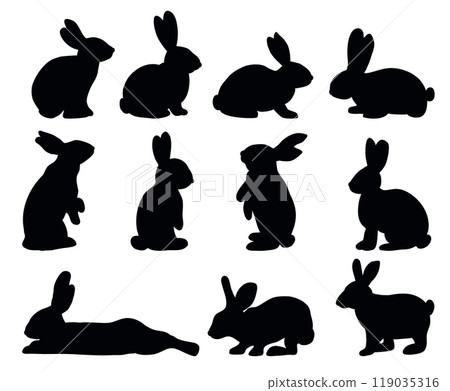 Black Rabbit Silhouette Set, Mammal Animal Sign Collection Isolated on White 119035316