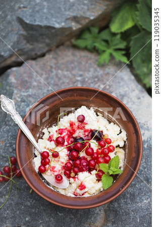 Summer breakfast of homemade cottage cheese and red currant berries in the garden Summer breakfast of homemade cottage cheese and red currant berries in the garden 119035345