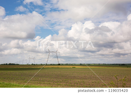 High voltage power line on a cloudy day High voltage power line on a cloudy day 119035420