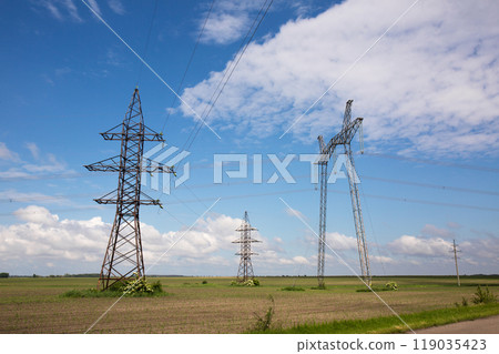 Construction of a high-voltage power line in the field Construction of a high-voltage power line in the field 119035423