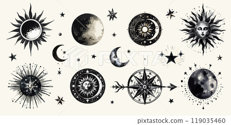 Magic watercolor astrology elements with sun, moon, stars. Mystic illustration for tarot, esoteric, astrology design. Occult square cover. 119035460