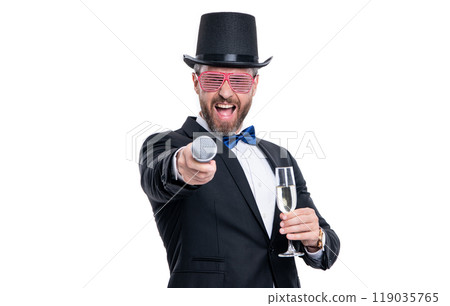 man magician isolated on white background. magician man with microphone. man magician 119035765