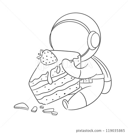 Astronaut is eating a cake with strawberry topping for coloring 119035865