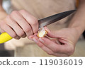 Peeled garlic clove with slices in stack is isolated on white background with clipping path. 119036019