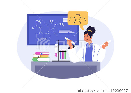 School learning concept in modern flat design for web. Woman working at laboratory, doing chemical tests at tubes and equipment with pupils in class, training students to exams. Vector illustration. 119036037