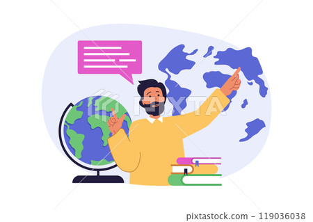 School learning concept in modern flat design for web. Man working as teacher, explaining geography and cartography by blackboards in class, training pupils with books in class. Vector illustration. 119036038