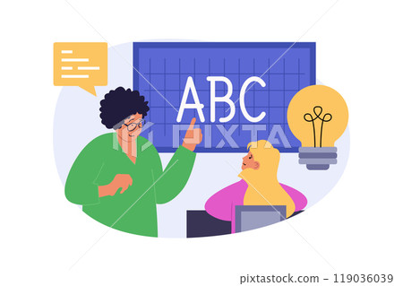 School learning concept in modern flat design for web. Teacher explaining new information at language lesson, girl student answering, pupil studying at class and brainstorming. Vector illustration. School learning concept in modern flat design for web. Teacher explaining new information at language lesson, girl student answering, pupil studying at class and brainstorming. Vector illustration. 119036039
