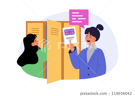 School learning concept in modern flat design for web. Classmates girls talking by lockers, preparing to english language lesson with book, studying together and doing homework. Vector illustration. School learning concept in modern flat design for web. Classmates girls talking by lockers, preparing to english language lesson with book, studying together and doing homework. Vector illustration. 119036042