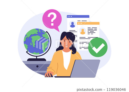 Recruitment concept in modern flat design for web. Woman searching candidates in company team, looking online resumes to vacancy, approving best recruits cv for job interview. Vector illustration. 119036046