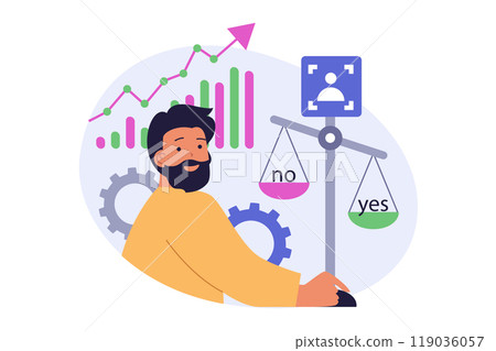 Online voting concept in modern flat design for web. Man analyzing exit polls and ratings, supporting and choosing his candidate in election list, making political decision. Vector illustration. 119036057