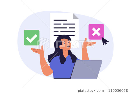 Online voting concept in modern flat design for web. Woman thinking, supporting and choosing her candidate in election list, making political decision in democratic survey form. Vector illustration. Online voting concept in modern flat design for web. Woman thinking, supporting and choosing her candidate in election list, making political decision in democratic survey form. Vector illustration. 119036058