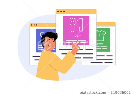 Mobile commerce concept in modern flat design for web. Man choosing food, products and clothes in menu of online store, making purchases with safe paying and bargain prices. Vector illustration. Mobile commerce concept in modern flat design for web. Man choosing food, products and clothes in menu of online store, making purchases with safe paying and bargain prices. Vector illustration. 119036061
