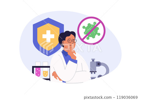 Medical concept in modern flat design for web. Man work in laboratory, making virus research with test tubes and microscope, creating medicines for pharmacy or clinic analysis. Vector illustration. 119036069