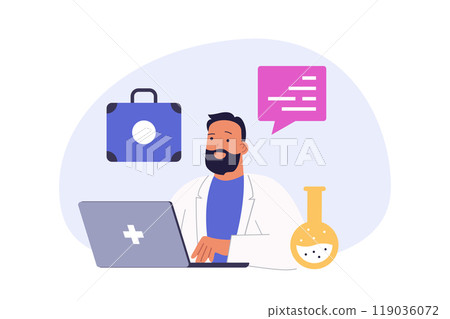 Medical concept in modern flat design for web. Doctor consulting online at laptop, making illness diagnosis and prescribes therapy, talking with patients via video call at clinic. Vector illustration. 119036072