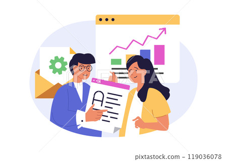 Marketing and development concept in modern flat design for web. Man and woman analyzing business data, creating promotion and advertising strategy, working in team at project. Vector illustration. 119036078