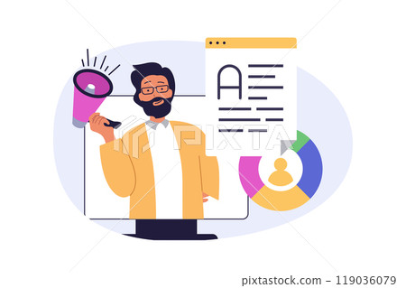 Marketing and development concept in modern flat design for web. Man with megaphone making data analysis, creating promotion strategy, advertising business project to audience. Vector illustration. 119036079
