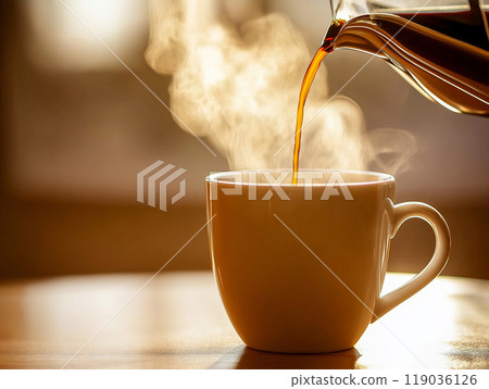 water being poured into a cup, steam rising from a brewing cup, close-up of a rich water being poured into a cup, steam rising from a brewing cup, close-up of a rich 119036126