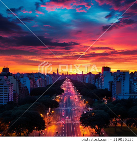 Breathtaking Sunset Over Buenos Aires with Iconic Landmarks 119036135