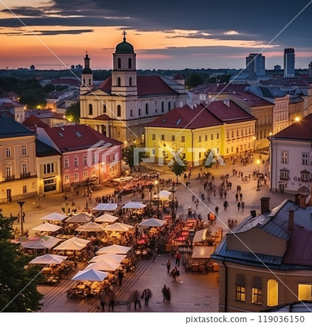 Breathtaking Panoramic View of Vilnius with Iconic Landmarks and Vibrant Streets 119036150