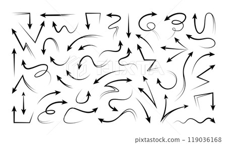 Hand drawn arrows. Curve doodle set of pencil outline icon black ink elements. Up, down direction shapes, growth sign. Decorative presentation isolated elements. Vector sketch brushstrokes 119036168