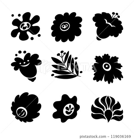 Hibiscus icons. Tropical flowers. Hawaii plant leaves. Black and white silhouettes. Hawaiian botanical pattern. Abstract exotic bouquet. Jungle blooming. Vector floral elements set 119036169
