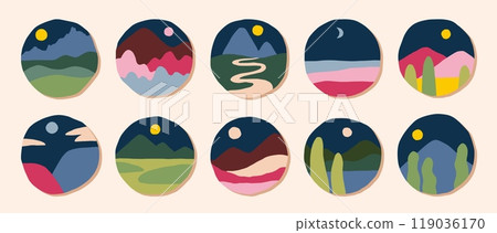 Abstract mountains. Hill icons, nature adventure background with horizon silhouette, travel view. Round circle icons. Doodle style minimal drawing. Abstract landscape. Vector flat shapes set 119036170