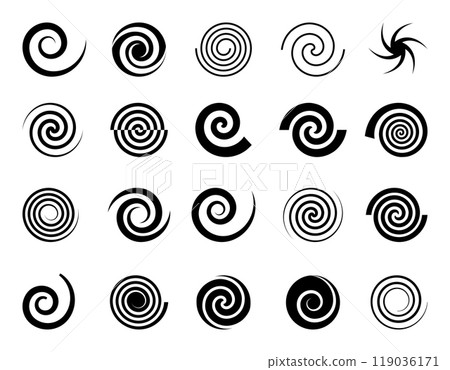 Spiral icons. Circle twirl, hypnosis swirl shape with graphic stroke. Simple round whirl elements. Minimal modern shape abstract funnel dynamic silhouettes. Curve line in rotation vector design 119036171