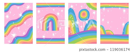 Retro rainbow background. Vintage summer pattern. Boho sun art with graphic pop wave textures. Magic iridescent. Unicorn stars. Color curve stripes. Vector abstract style banners set 119036174