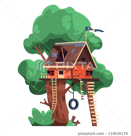 Children tree house. Kids playing construction. Cabin with rope or wooden ladders. Tire swing and kite. Cozy building on forest wood branch. Playground hut. Vector nature park landscape 119036176