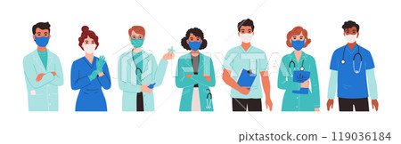 Doctor in mask. Medic nurse with stethoscope, healthcare characters standing, women and men hero in hospital. Health care professional staff. Vector cartoon flat style isolated illustration Doctor in mask. Medic nurse with stethoscope, healthcare characters standing, women and men hero in hospital. Health care professional staff. Vector cartoon flat style isolated illustration 119036184