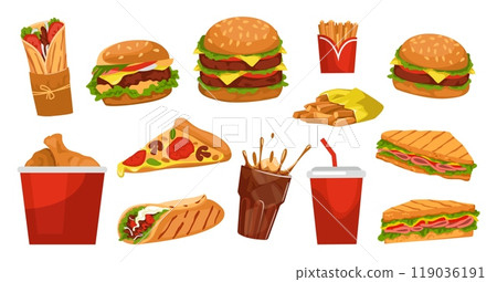 Fast food. Burger, pizza and sandwich. Tasty burrito and chicken, hamburger and potato. Restaurant snacks, takeaway packaging. Sweet cold drinks. Vector cartoon flat style isolated illustration 119036191