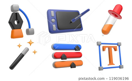 3D design icons. Graphic tools render like color brush, creative pencil or pen. Picture palette. Magic wand for photo editing. Brightness indicators. Web designer. Vector isolated set 119036196