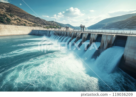 Hydroelectric dam with rushing water 119036209
