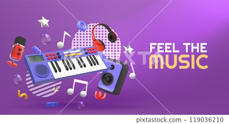 3D music instrument. Piano keyboard. Musical note for pop art concert production. Electronic GJ studio cover. Headphones and microphone. Synthesizer melody listening. Vector background 119036210
