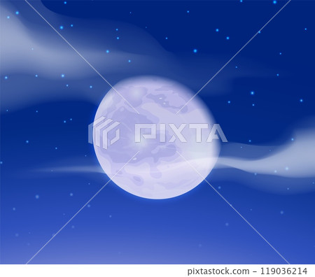 Night blue sky. Full moon and clouds. Starry space. Midnight cloudscape. Cosmic constellation. Twilight sparkle. Universe starlit glitter. Celestial twinkle. Vector astronomy background Night blue sky. Full moon and clouds. Starry space. Midnight cloudscape. Cosmic constellation. Twilight sparkle. Universe starlit glitter. Celestial twinkle. Vector astronomy background 119036214