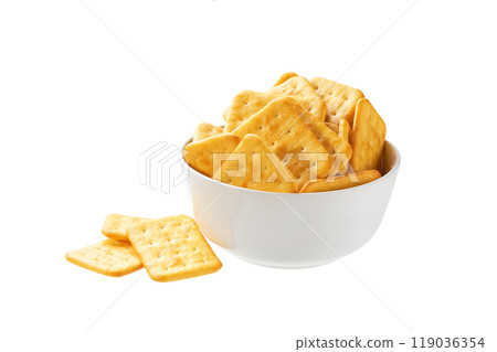 Cheese crackers in a ceramic bowl isolated on white background. Cheese crackers in a ceramic bowl isolated on white background. 119036354