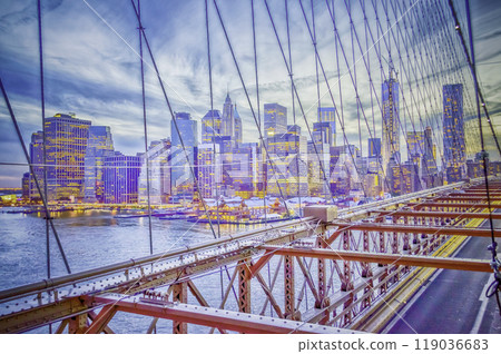 View of Manhattan Skyline from Brooklyn Bridge, New York, USA 119036683