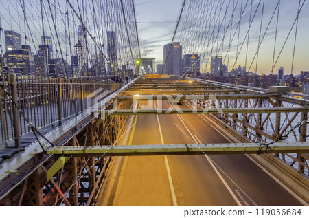 View of Manhattan Skyline from Brooklyn Bridge, New York, USA 119036684