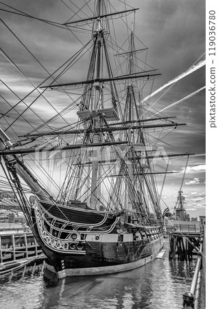 The USS Constitution frigate docked in the Boston Harbor, USA The USS Constitution frigate docked in the Boston Harbor, USA 119036780