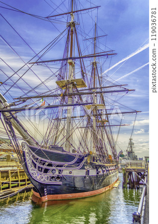 The USS Constitution frigate docked in the Boston Harbor, USA The USS Constitution frigate docked in the Boston Harbor, USA 119036781