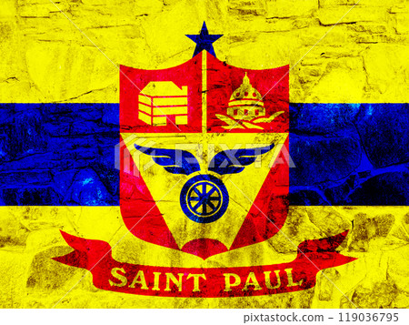 Flag of the city of Saint Paul, Minnesota, USA, on a background of the stone wall. Conceptual collage 119036795