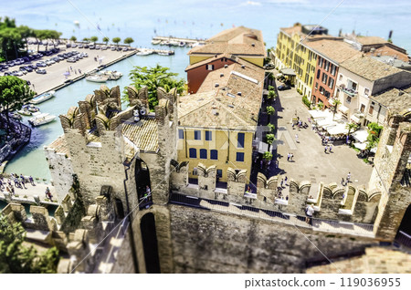 Aerial view of Sirmione from the Scaliger Castle, Italy 119036955